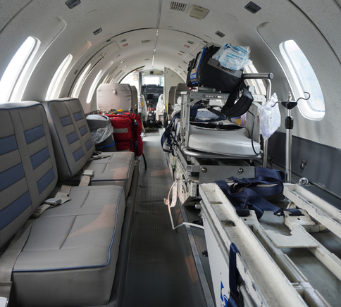 Interior of a SkyCare Metro medevac aircraft configured for patient transport
