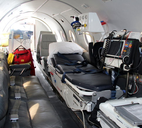 Interior of a SkyCare Metro medevac aircraft configured with a stretcher and medical equipment