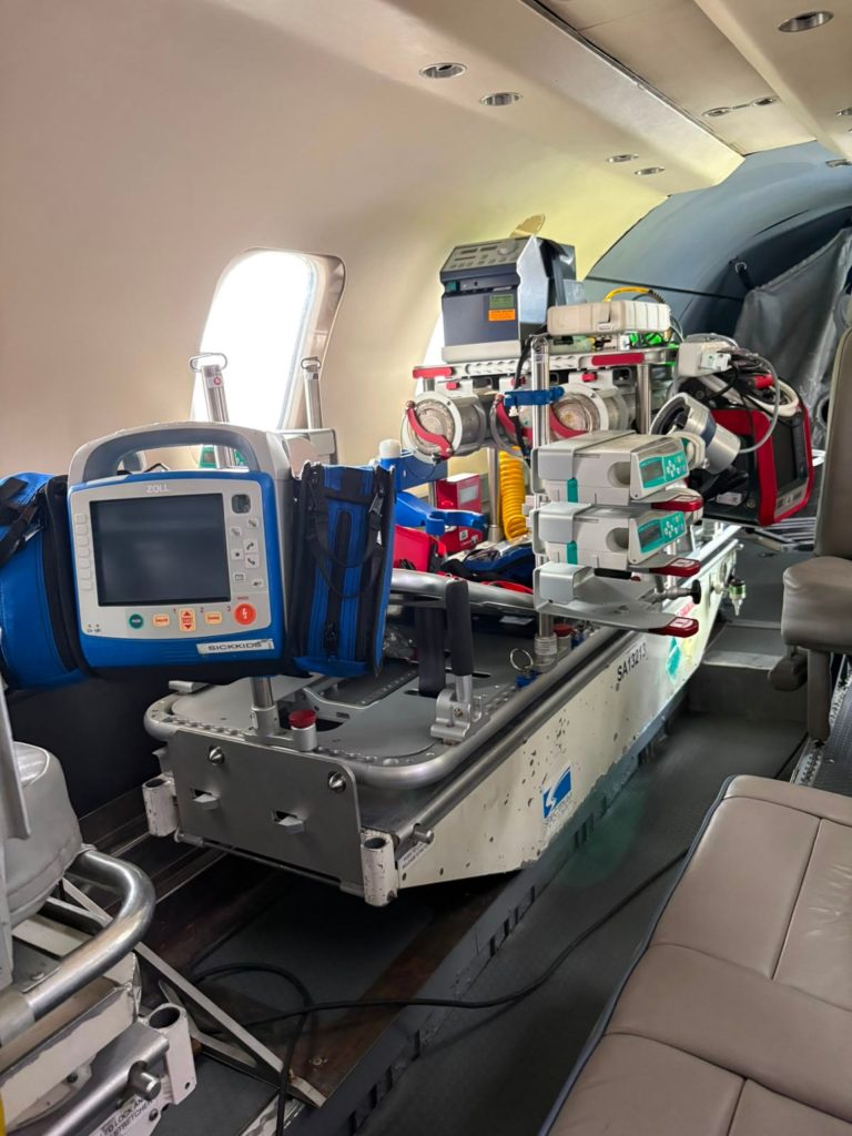 SkyCare medical transport aircraft equipped with advanced patient care equipment